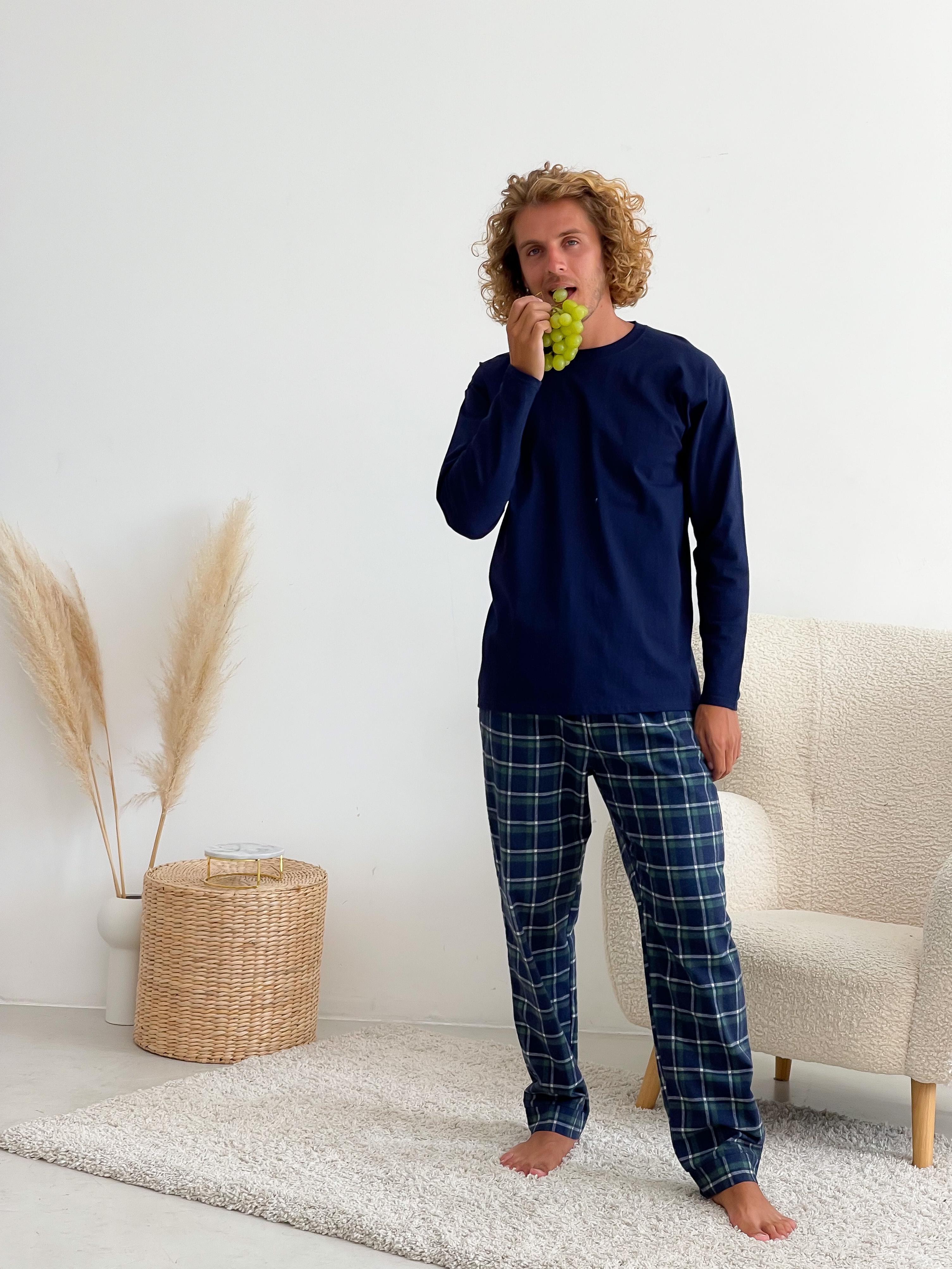 Мужская пижама COSY из фланели штаны/лонгслив M Синий/Зеленый/Белый (F100P+L04M)