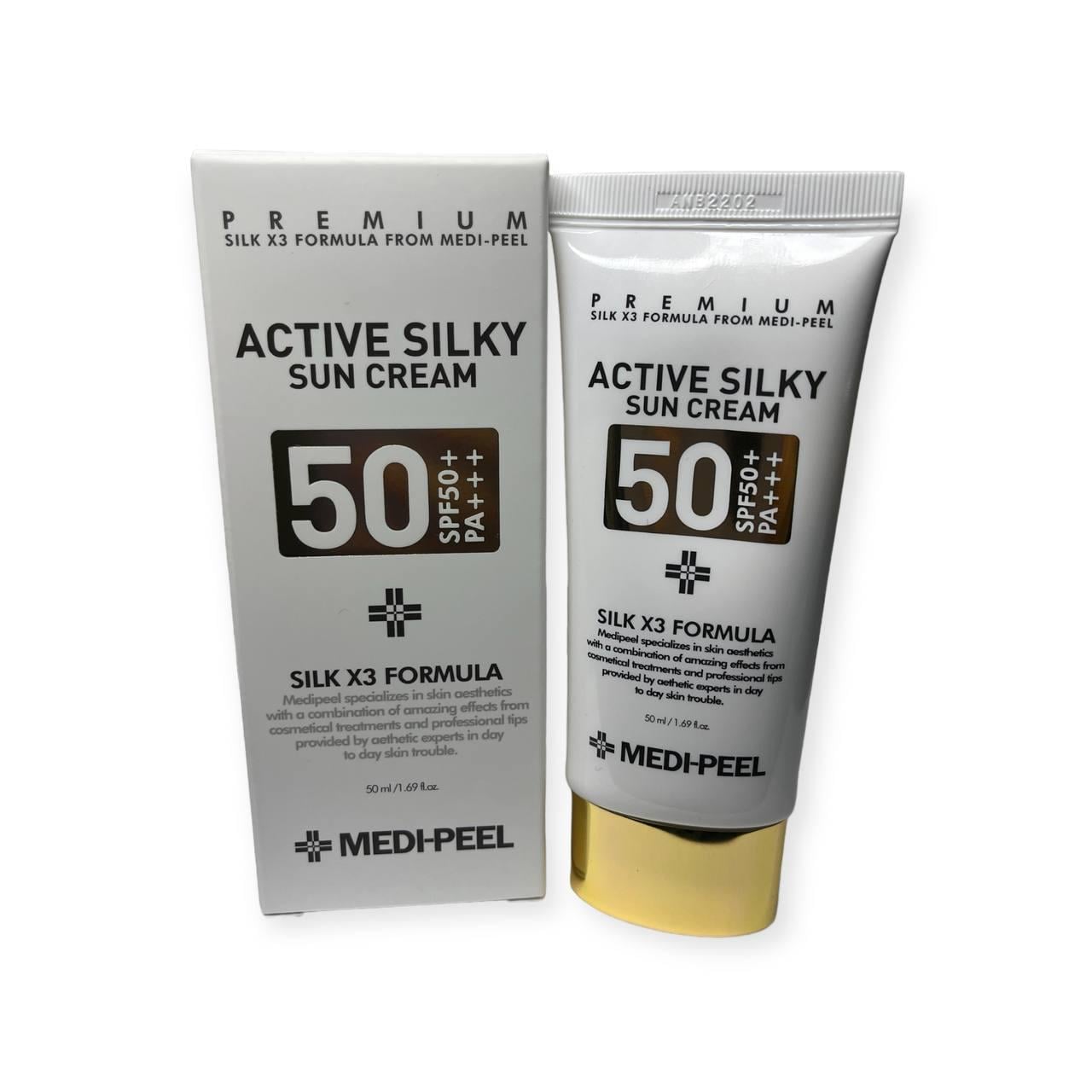Крем солнцезащитный с комплексом пептидов и шелка Medi-Peel Active Silky Sun Cream SPF50+ 50 мл (KT0049) Крем солнцезащитный с комплексом пептидов и шелка Medi-Peel Active Silky Sun Cream SPF50+ 50 мл (KT0049)