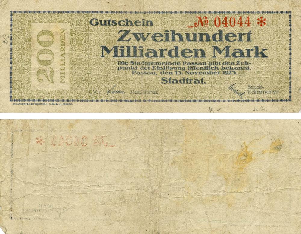 Коллекционная банкнота Германия Нотгельд 200 000 000 000 марок 1923 F-VF Пассау (Б18877)