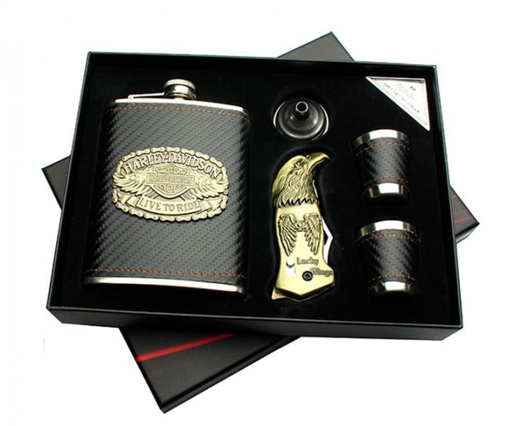 Подарочный набор 5в1 фляга/2 рюмки/лейка/зажигалка-нож HARLEY-DAVIDSON (061798)