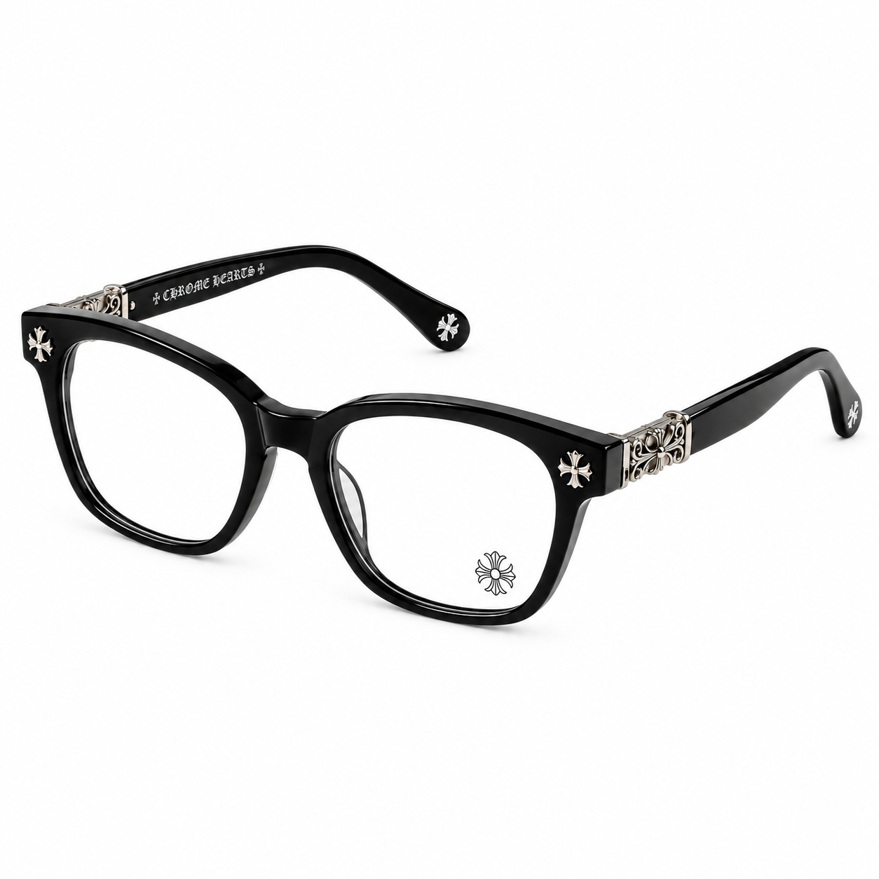 Очки в стиле Chrome Hearts с декоративными элементами и чехлом Черный/Прозрачный