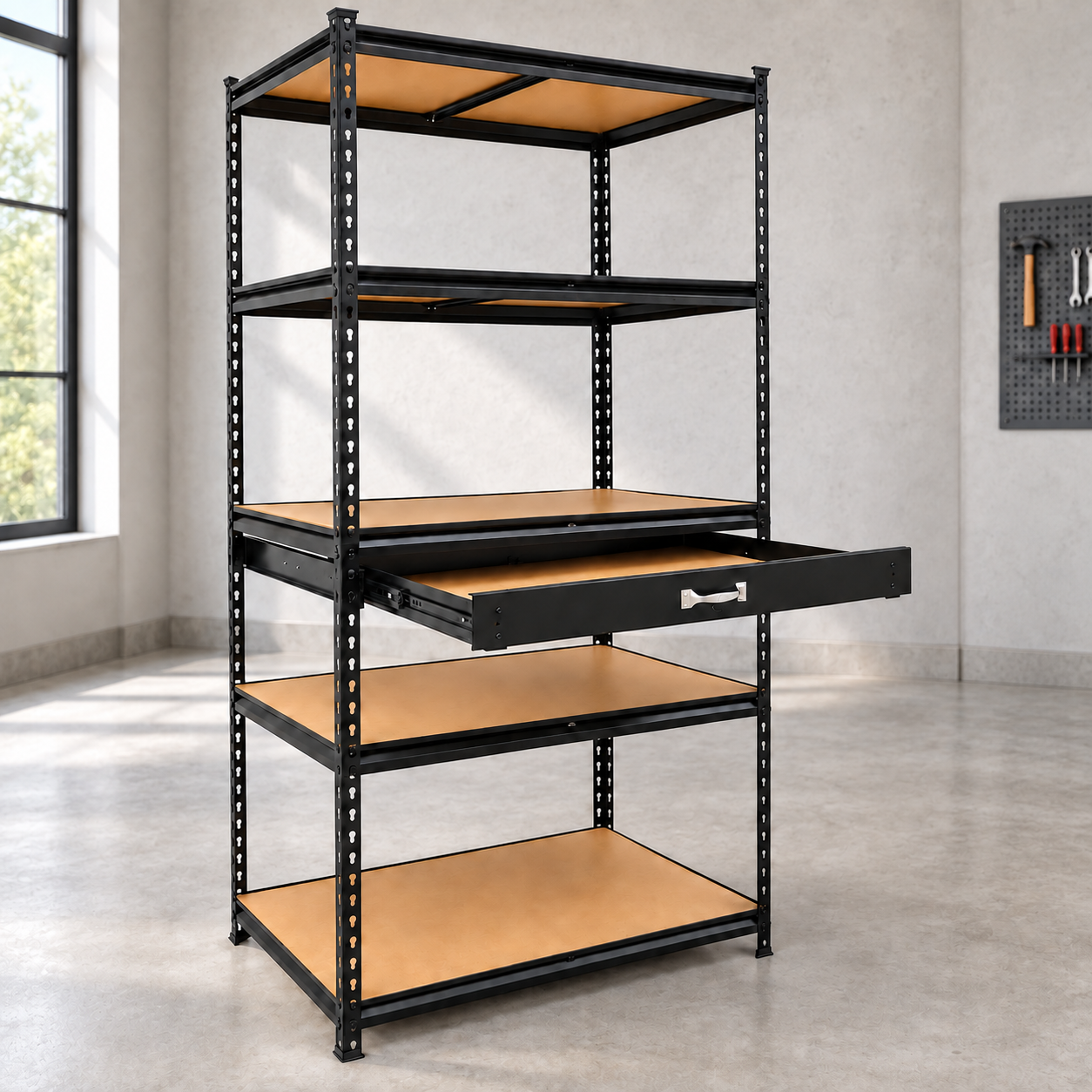 Стеллаж GWI2127 180x90x60 см 5 полок с ящиком до 875 кг металлический МДФ полки Черный