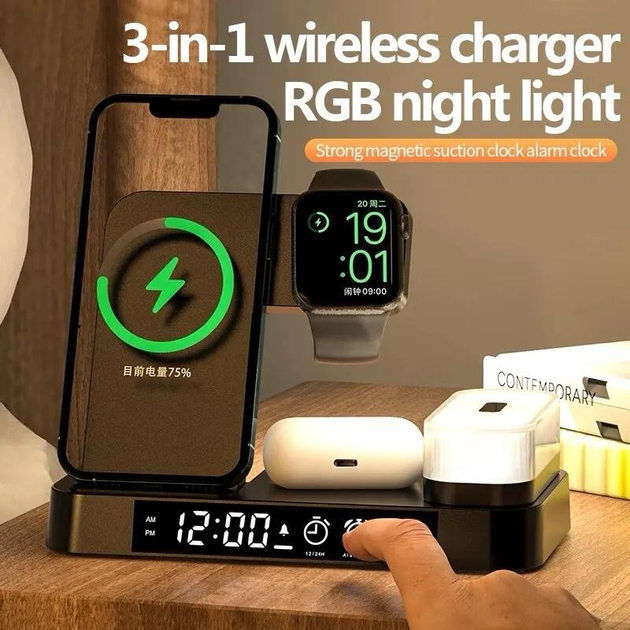 Док-станция для телефонов Foldable Wireless Charge station беспроводная зарядка для iPhone/iWatch/Airpods Black (S-37) - фото 3