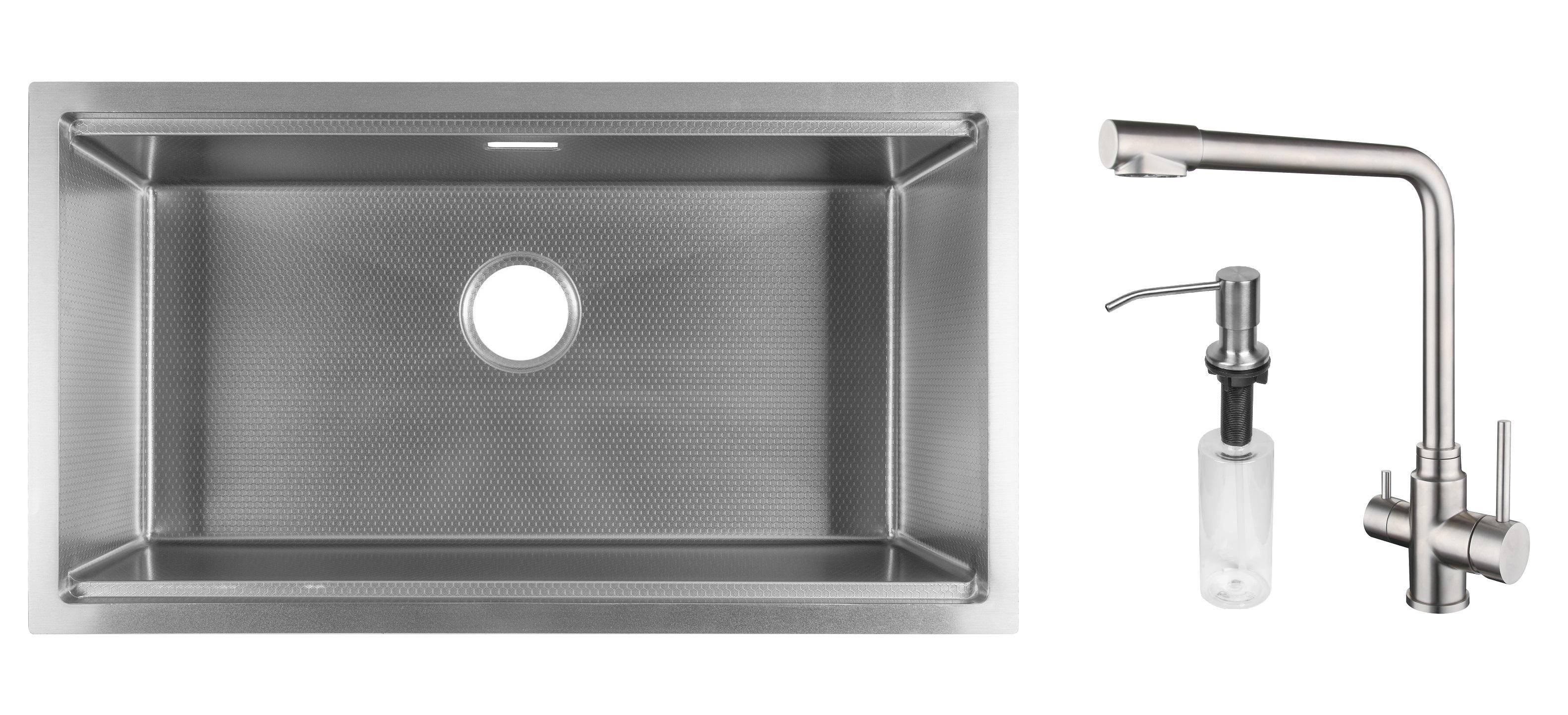 Комплект из кухонной мойки Gunter&Hauer Federbach 8022 Inox Honey кухонного смесителя Gunter&Hauer LUFT Br и дозатора Gunter&Hauer Soap Dispenser Inox