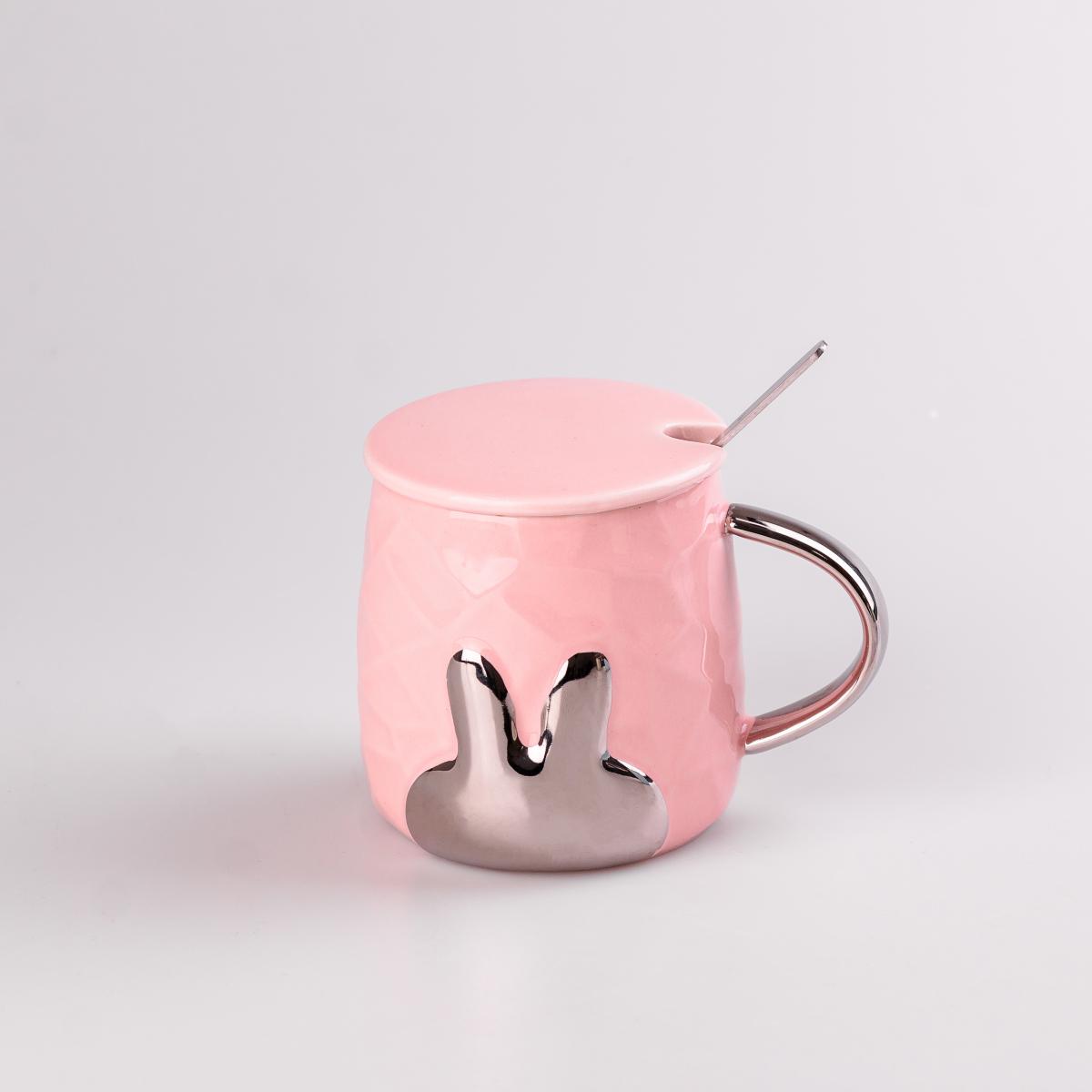 Кружка керамическая Rabbit с крышкой и ложкой 300 мл Розовый (HPCYM0877P)