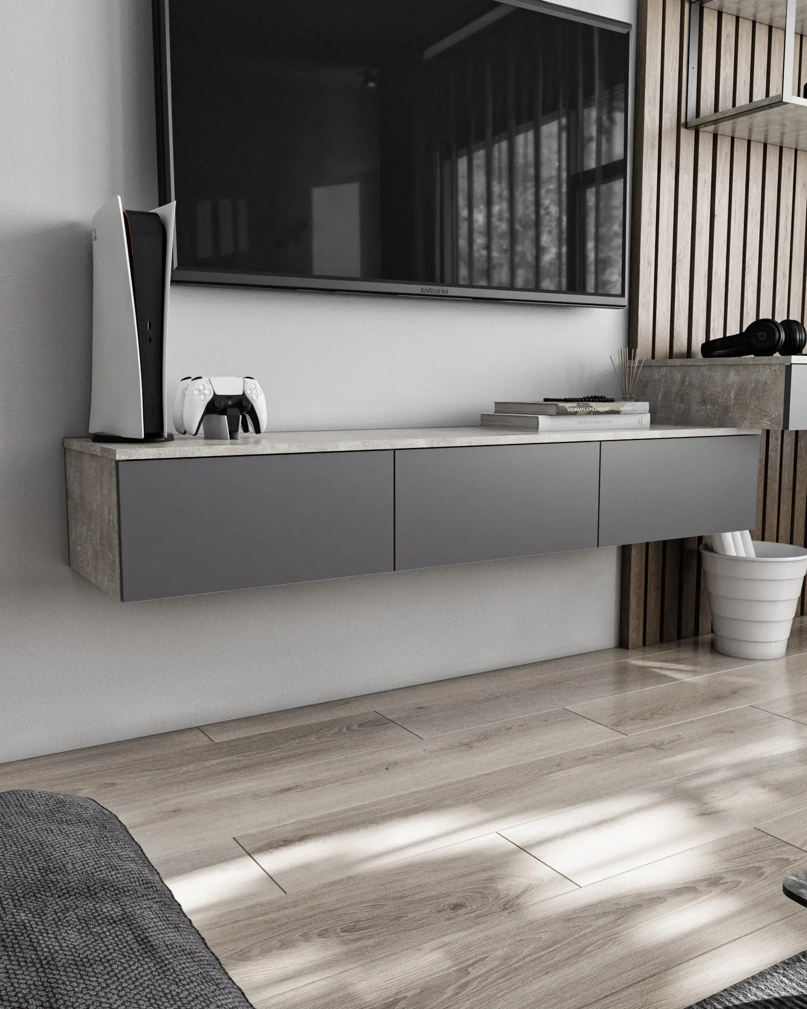 Тумба для ТВ навесная Nikoshop Т-221 с 3 ящиками 1500х400х240 мм Бетон/Антрацитовый