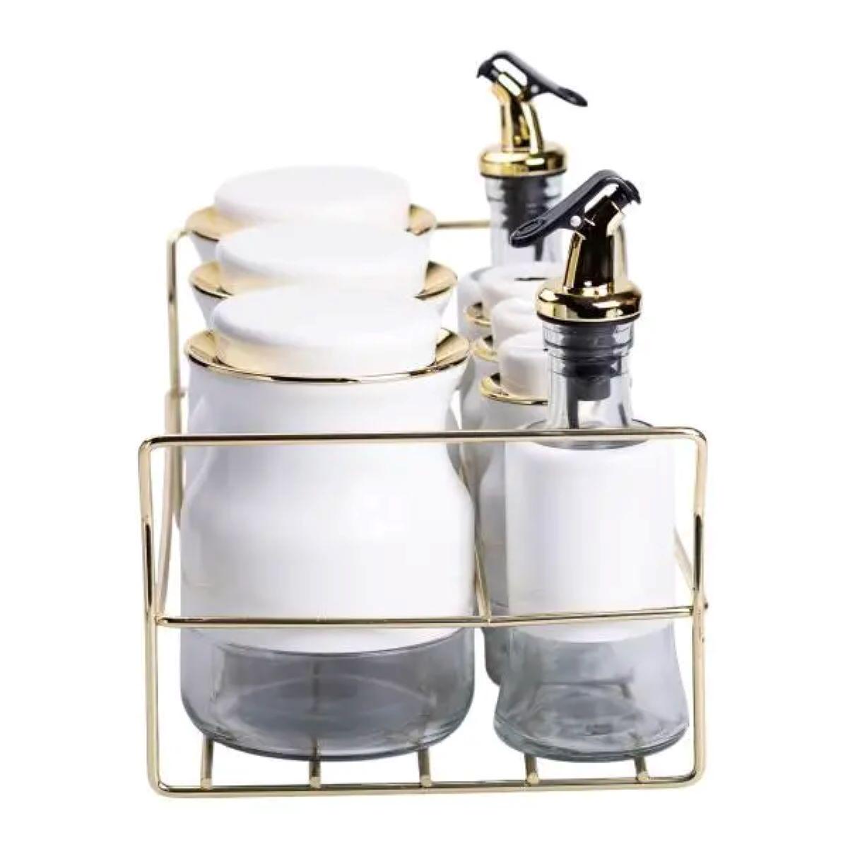 Набор для специй на подставке с бутылками для масла и уксуса 8 предметов Белый (6801) - фото 8 Набор для специй на подставке с бутылками для масла и уксуса 8 предметов Белый (6801) - фото 8