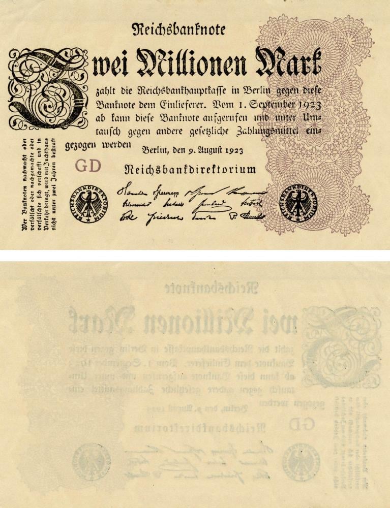 Коллекционная банкнота Германия 2000000 марок 1923 VF-AU P104 (Б13211)