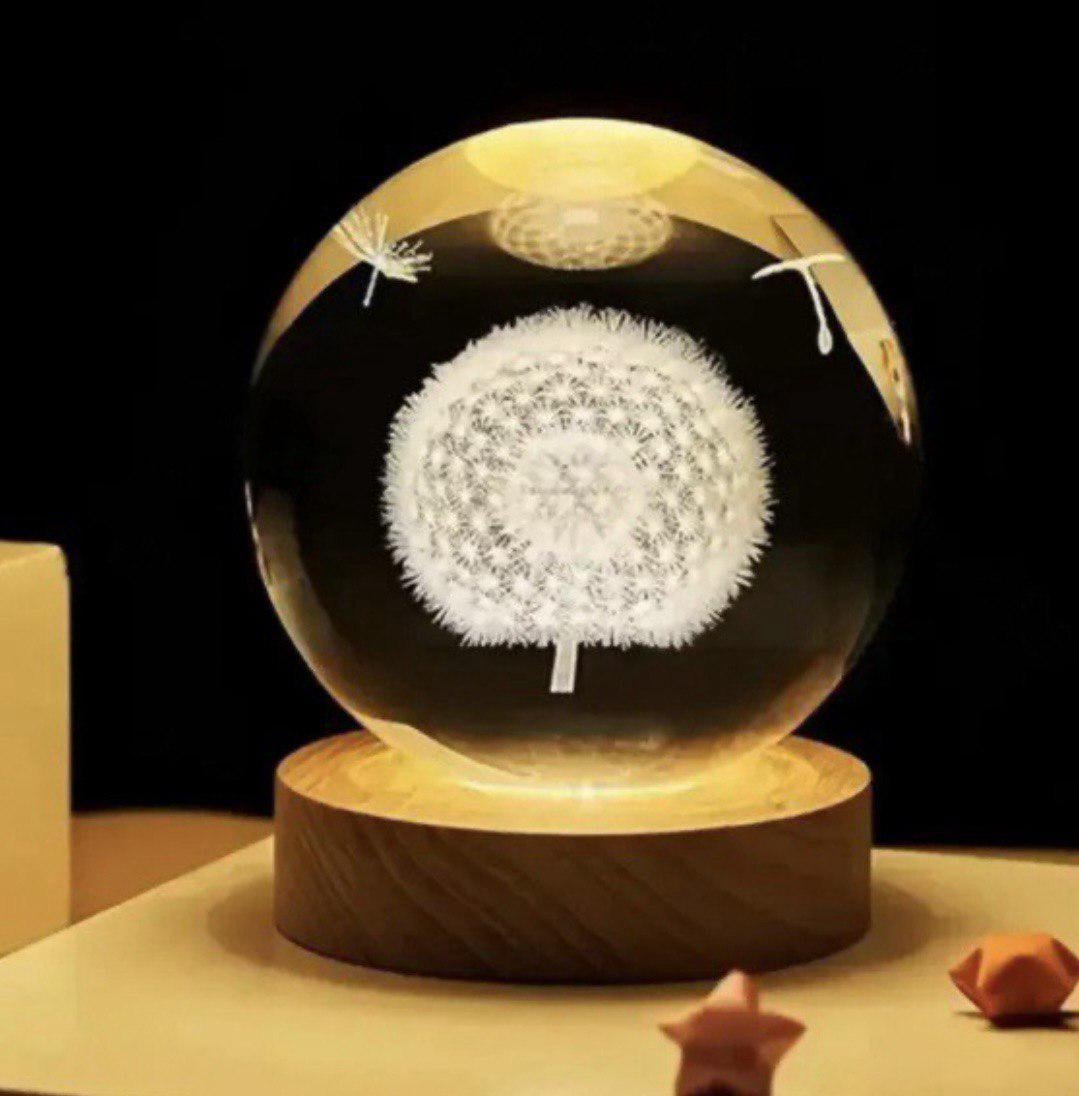 Ночник-хрустальный шар Одуванчик на деревянной подставке LED подсветки/от USB 8 см (м00517)
