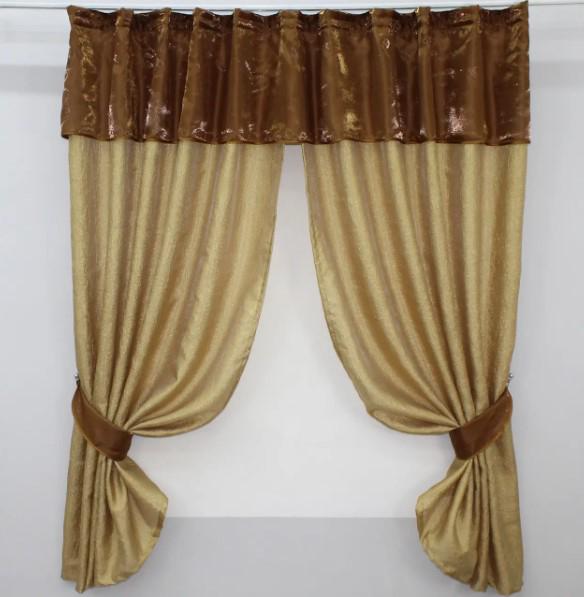 Занавеска на кухню/балкон с ламбрекеном 270х170 см Золотистый/Коричневый (073к)
