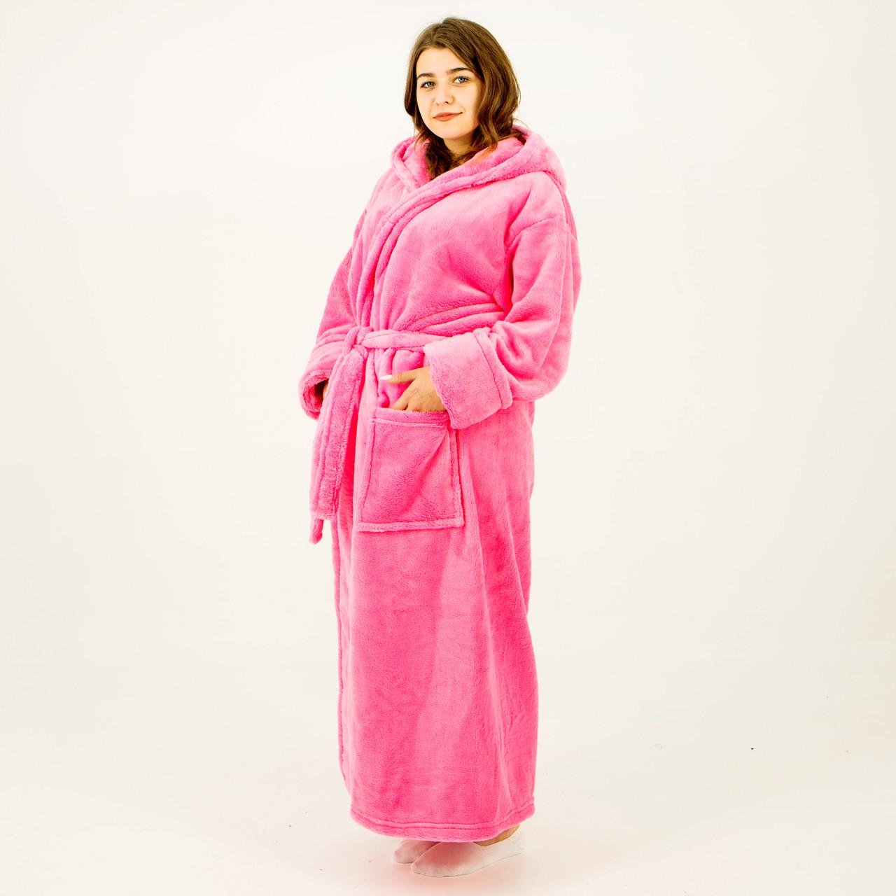 Халат женский на запах с капюшоном махровый 2 кармана 6XL Розовый (62/64) - фото 6