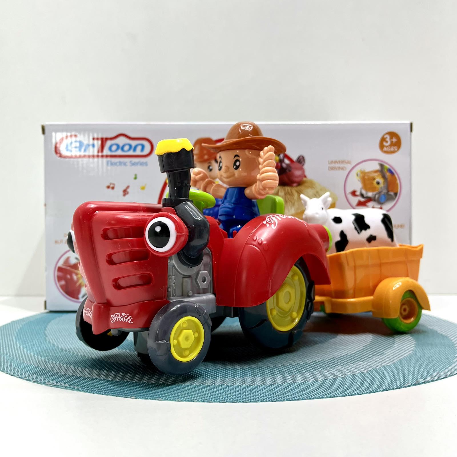 Игрушечный трактор с прицепом свет/мелодия/свободное колесо/съемный прицеп/фигурка коровы Красный (HD 963)
