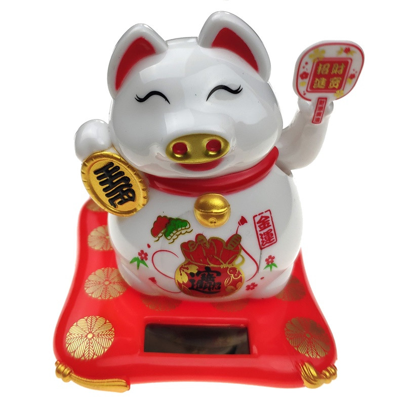 Свинья манеки-неко на солнечных батареях пластик 8 см Белый (C1654)