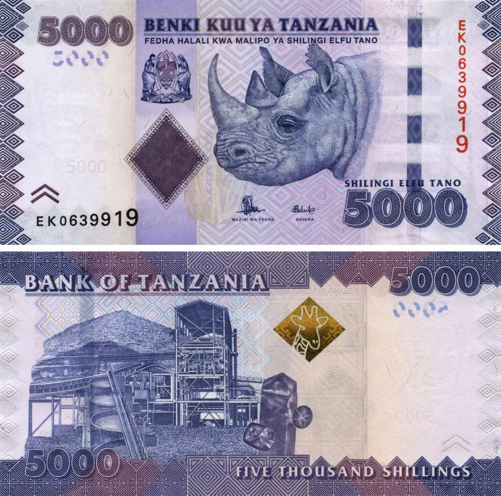 Коллекционная банкнота Танзания 5000 шиллингов 2010-2015 UNC Носорог P43 (Б10376)