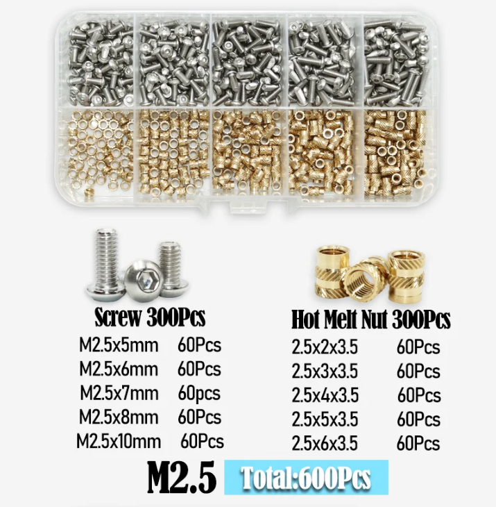 Комплект термогайки и винты для печати 3D PLA/ABS Spec М2,5 мм 600 шт. (SP-16625600) - фото 2