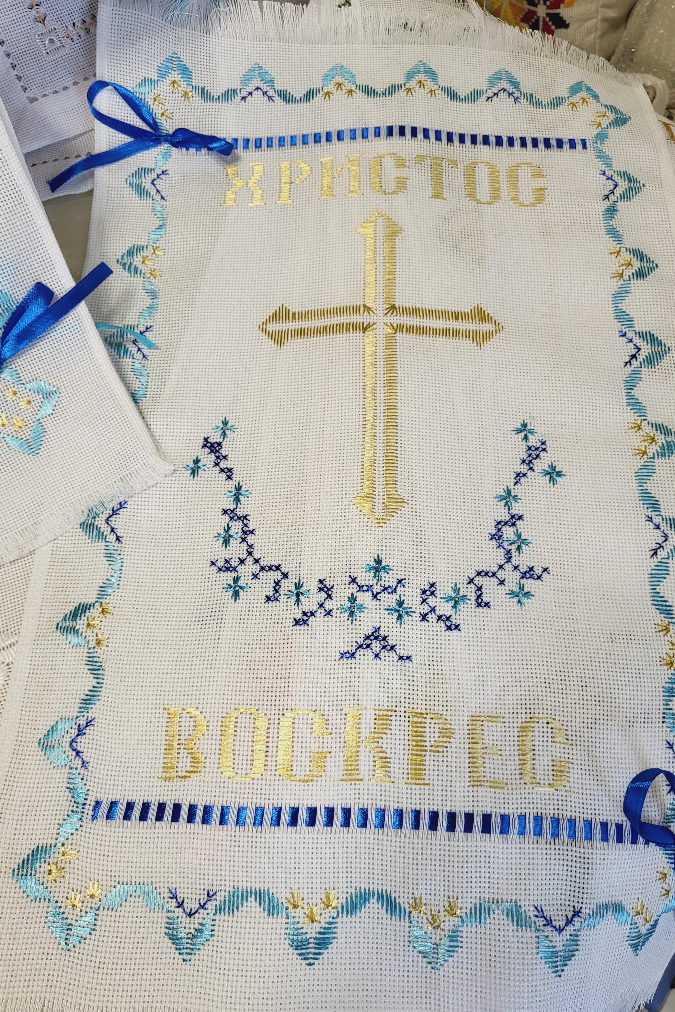 Серветка-рушник вишита на великодній кошик ручна вишивка (Арт-053лазур) - фото 2 Серветка-рушник вишита на великодній кошик ручна вишивка (Арт-053лазур) - фото 2