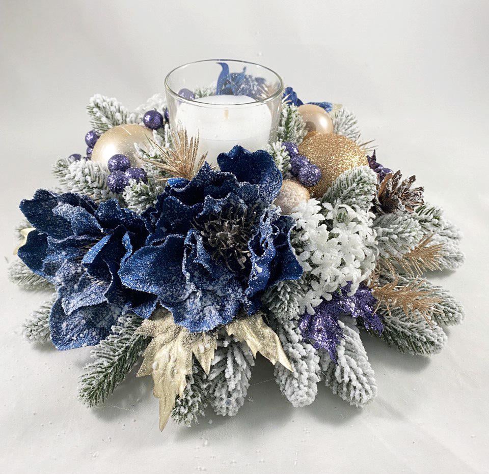 Композиция новогодняя со свечой Снежная магнолия 15 см Синий/Белый/Бежевый (9207924) - фото 2