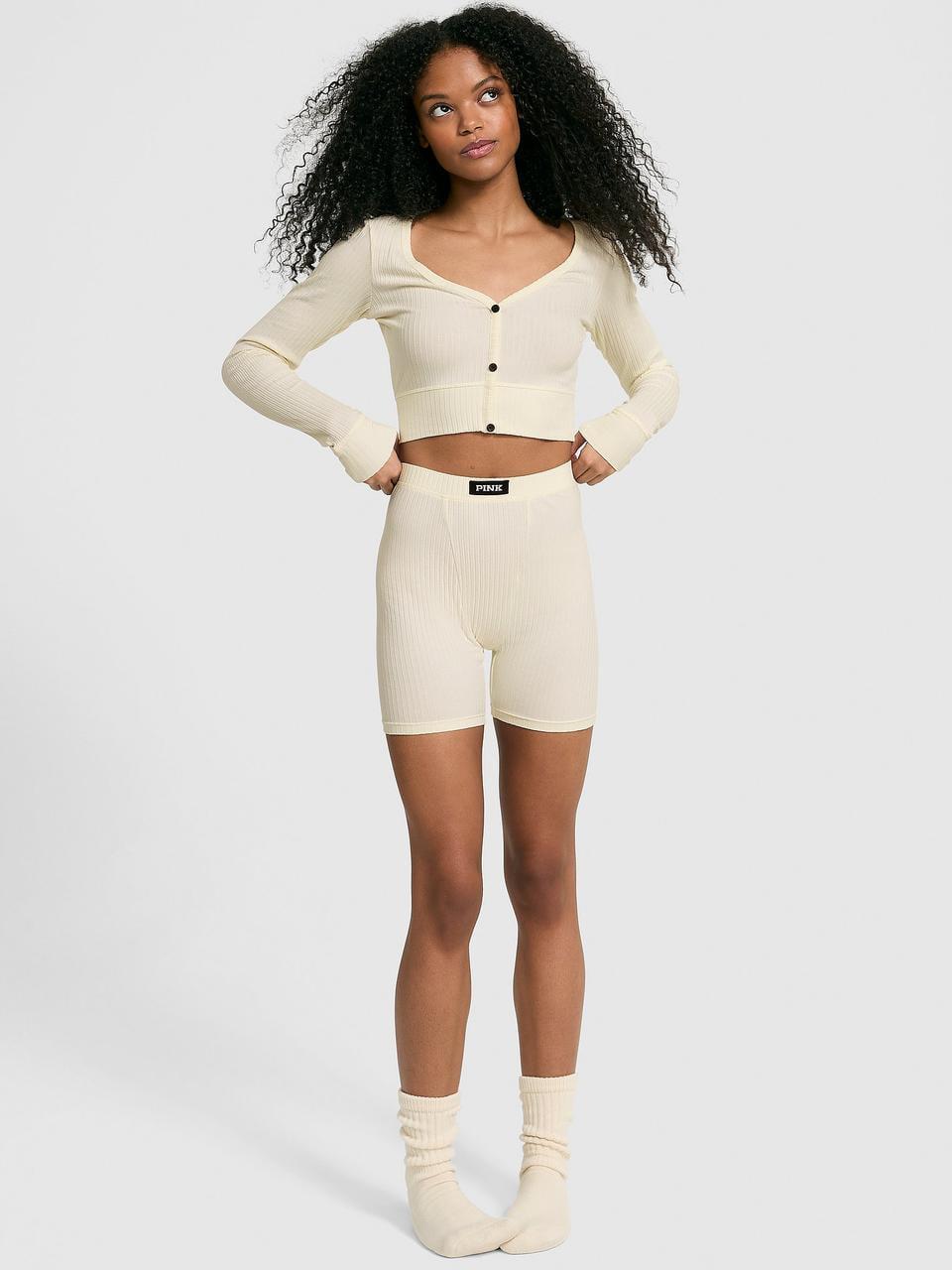 Пижама женская Victoria's Secret Lounge Ribbed Cropped Cardigan & Shorts Set XS Бежевый (3022820219)