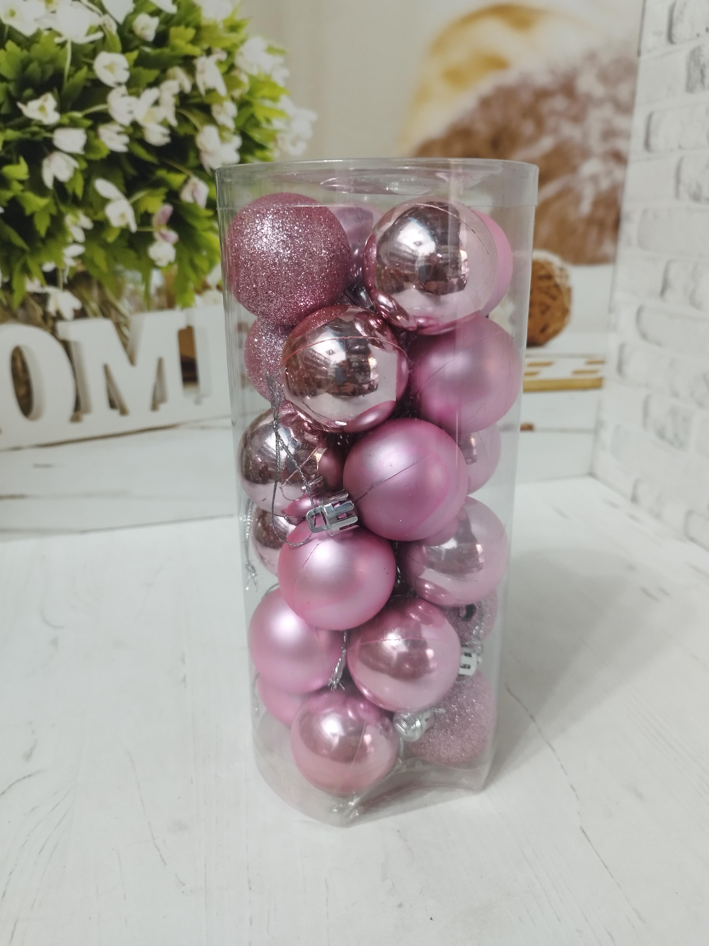 Набір новорічних куль на ялинку пластикових 4 см 24 шт. Рожевий (LS9004-13) - фото 1