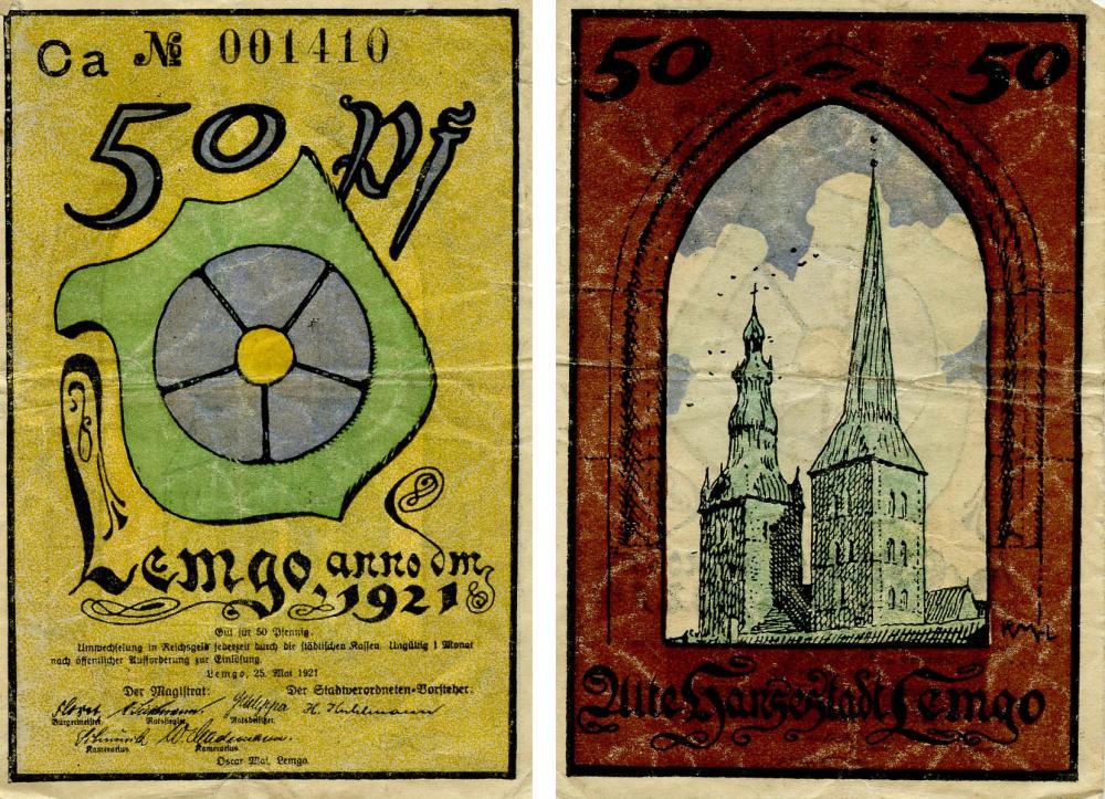 Коллекционная банкнота Германия Нотгельд 50 пфеннигов 1921 F-VF Лемго Разновидность 2 (Б18708)