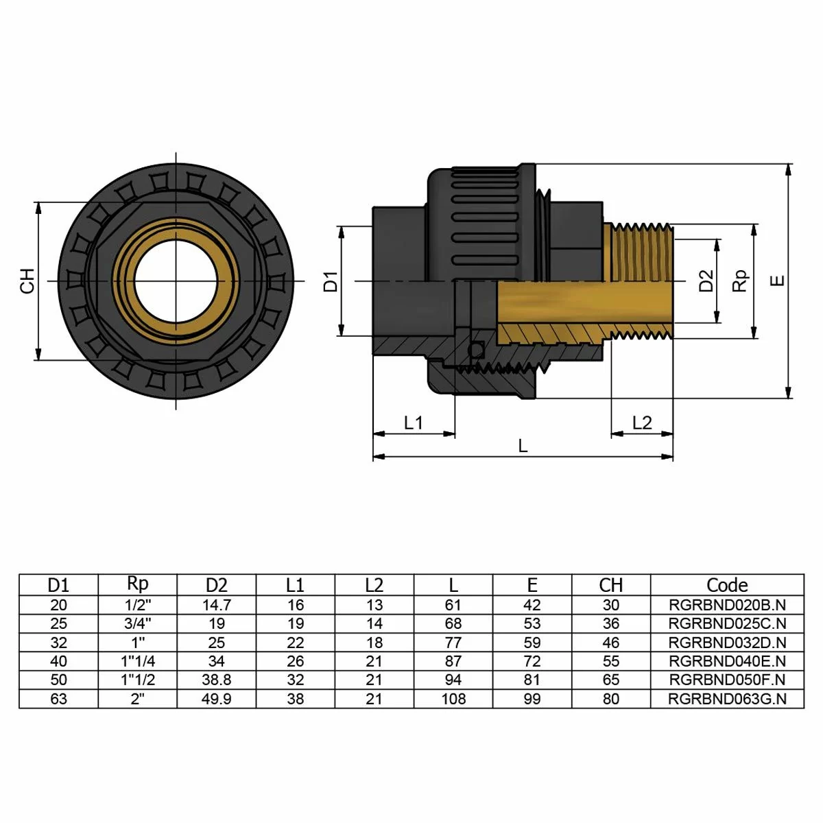 Муфта Effast RGRBND050F,N ПВХ переходная с наружной резьбой латунь d 50x1-1/2 - фото 2 Муфта Effast RGRBND050F,N ПВХ переходная с наружной резьбой латунь d 50x1-1/2 - фото 2