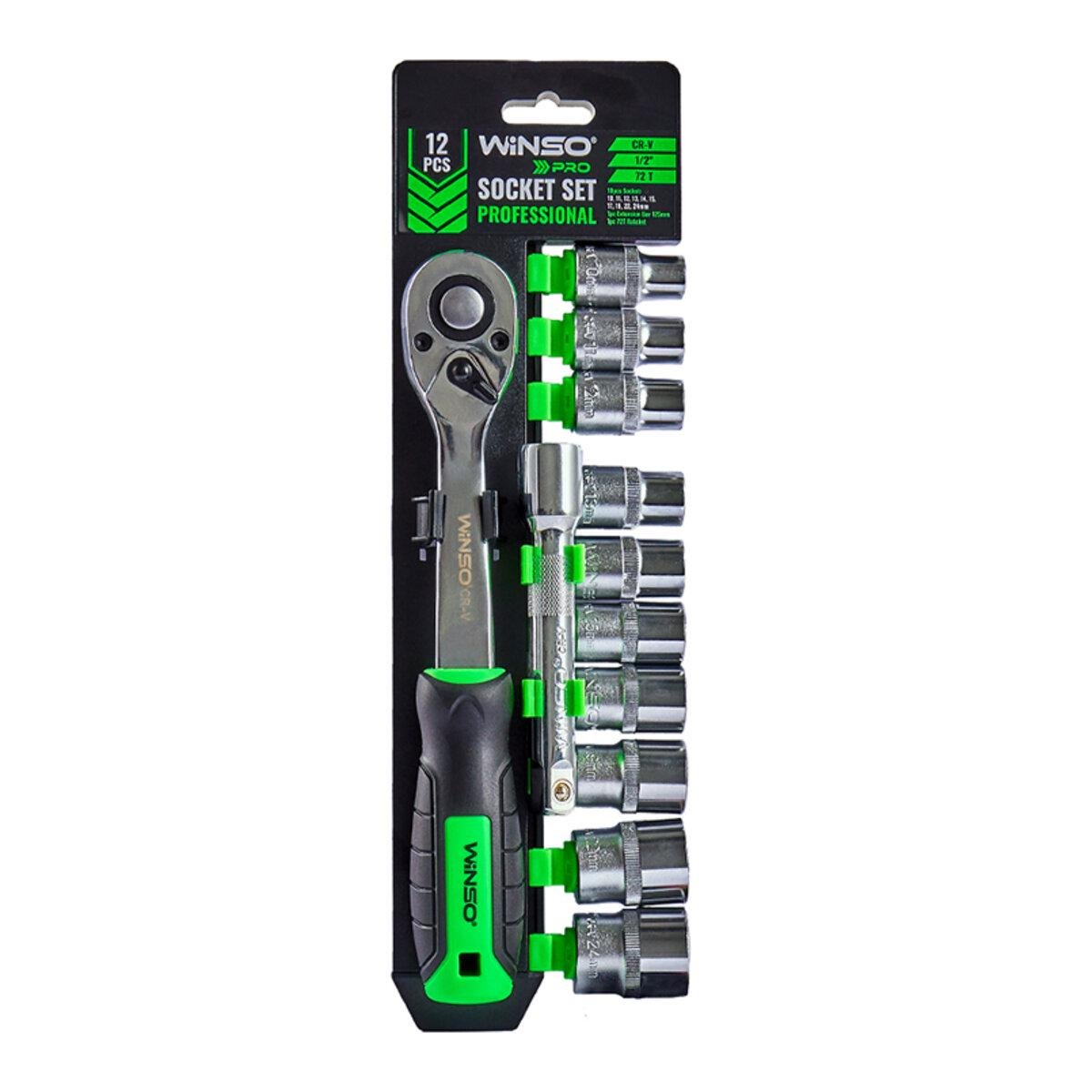 Набір головок торцевих Winso з тріскачкою та подовжувачем 12 шт. 1/2" 72 Т CR-V 10-24 мм