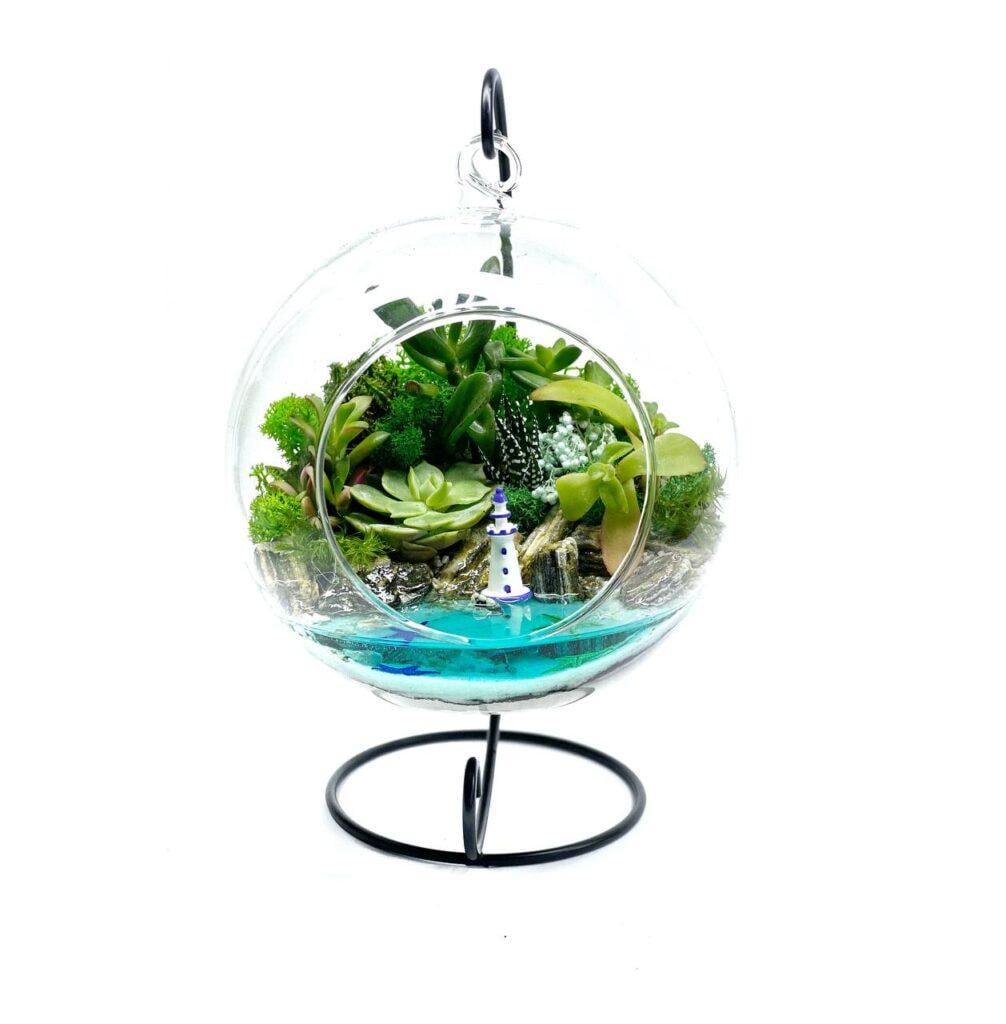 Флорариум с суккулентами и маяком Зеленая гавань D15х23 см