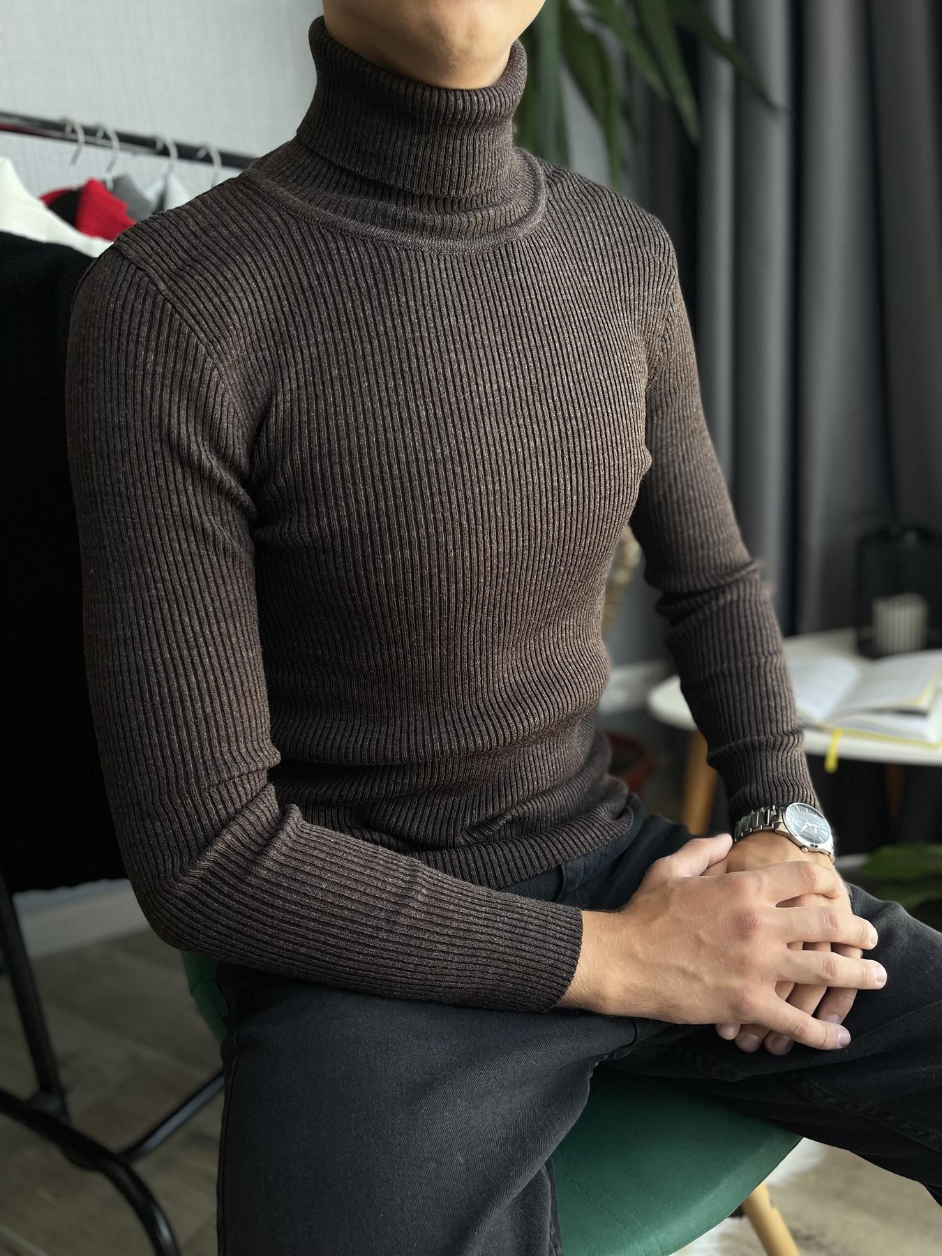 Гольф мужской с высокой горловиной в рубчик L Шоколадный (26535/3/2) - фото 3 Гольф мужской с высокой горловиной в рубчик L Шоколадный (26535/3/2) - фото 3