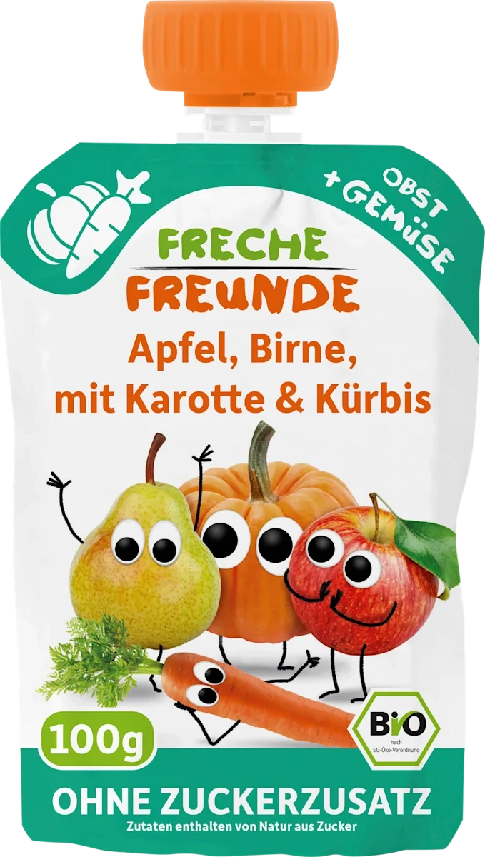 Дитяче пюре Freche Freunde з яблуком/грушею/морквою та гарбузом 100 г