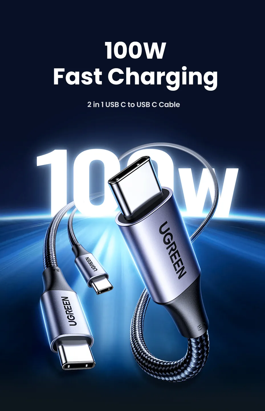 Кабель UGREEN US561 PD 100W 5A USB-C to 2хUSB-C для швидкого заряджання 1,5 м Grey (35087) - фото 2 Кабель UGREEN US561 PD 100W 5A USB-C to 2хUSB-C для швидкого заряджання 1,5 м Grey (35087) - фото 2