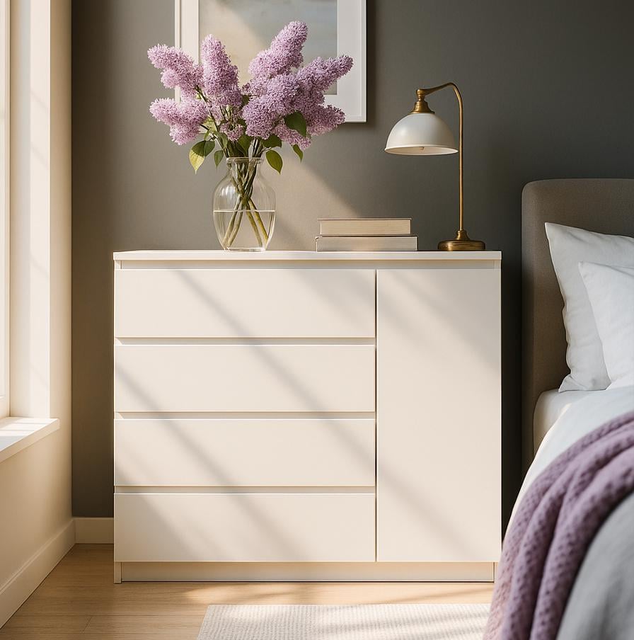 Комод Мастер Форм Брайт ДСП 4/1 телескопічні напрямні правосторонній 1000х376х950 мм Білий - фото 1 Комод Мастер Форм Брайт ДСП 4/1 телескопічні напрямні правосторонній 1000х376х950 мм Білий - фото 1