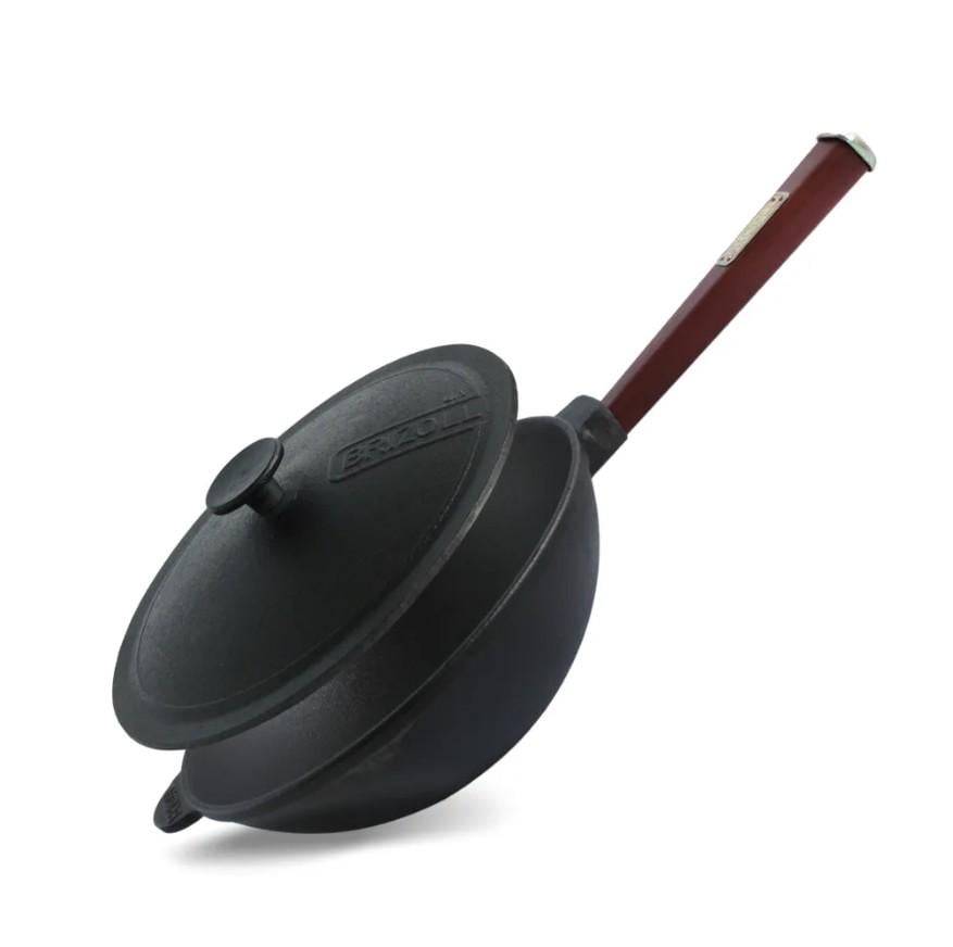 Сковорода чавунна Brizoll WOK з чавунною кришкою та дерев`яною ручкою 2,8 л 26 см Бордовий (W26HP2-1)