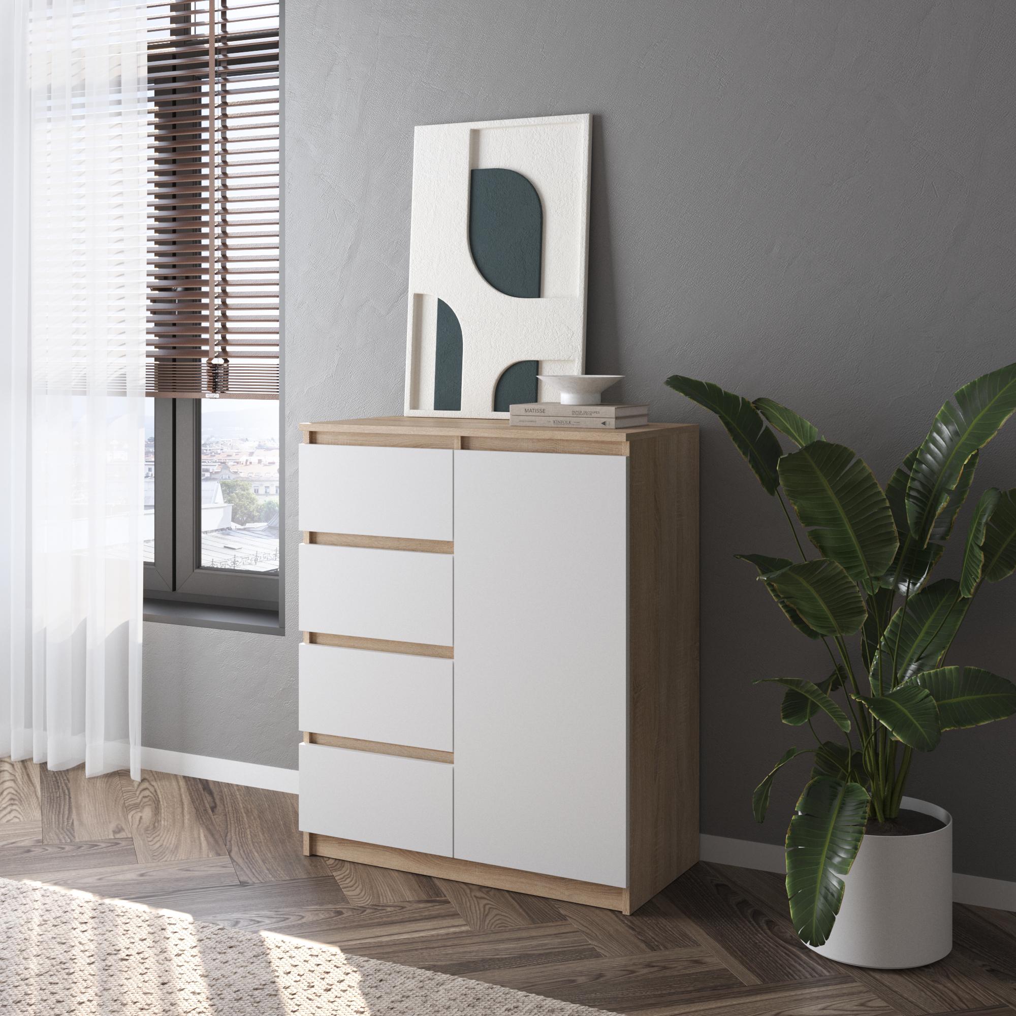 Комод VAYS R/32 з полицями на 4 висувні ящики з фасадами без ручок Дуб cонома/Білий