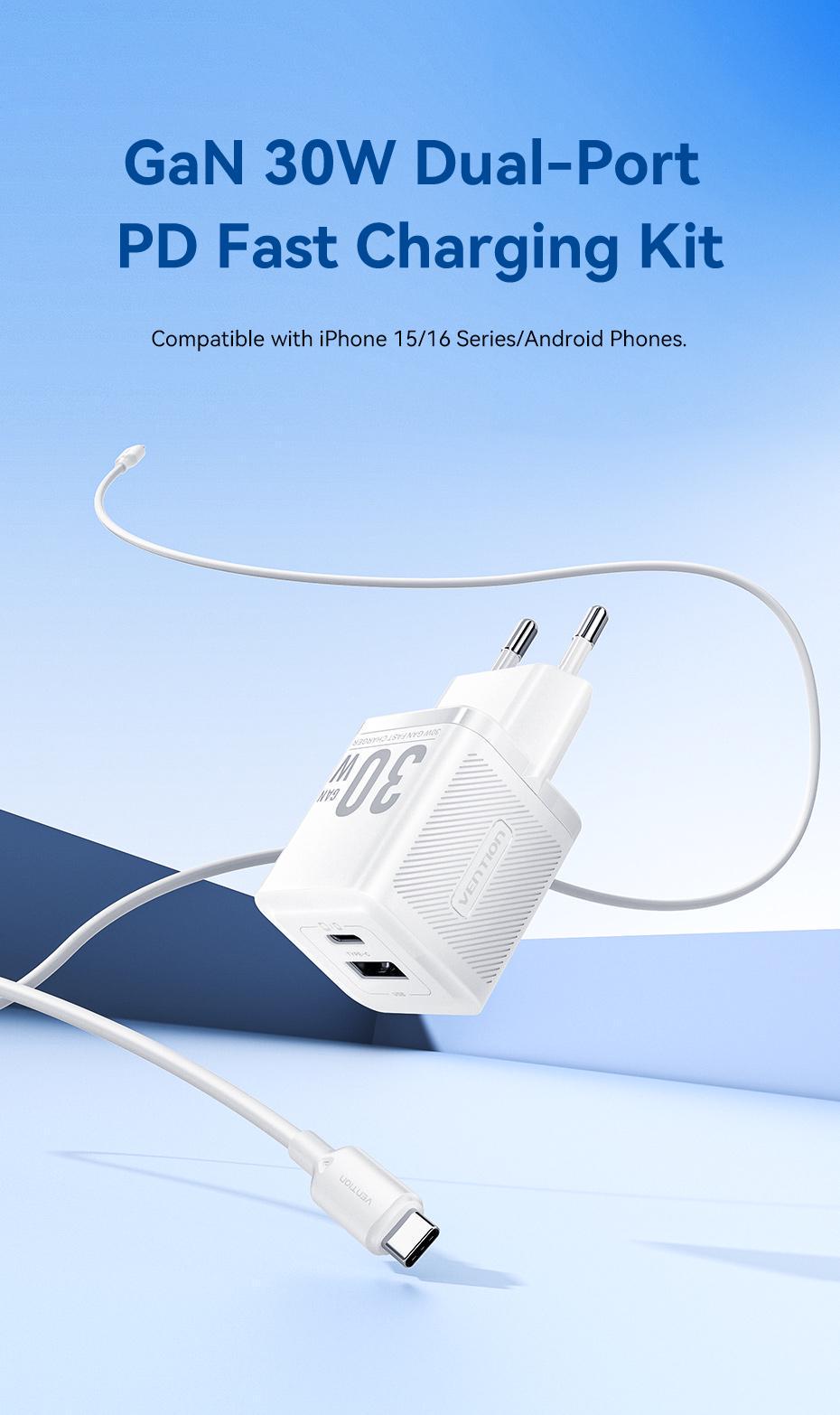 Зарядное устройство Vention GaN III Type-C/USB 30W /Type-C 60Вт 2-портовый USB A+C быстрая зарядка 1 м Черный (TZ-FEQB0-EU-01) - фото 2