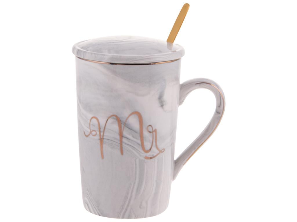 Чашка Mrs с крышкой и ложкой 420 мл Серо-голубой мрамор с золотой надписью (BDI-984-207)