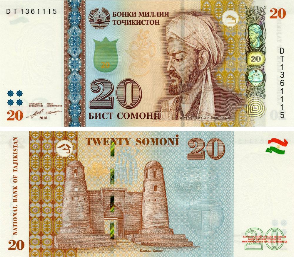 Коллекционная банкнота Таджикистан 20 сомони 2018 UNC P25 (Б16062)