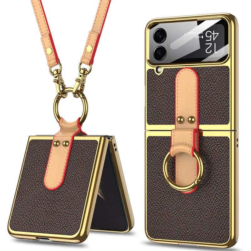 Противоударный кожаный чехол GKK with ring and strap для Samsung Galaxy Z Flip4 Brown