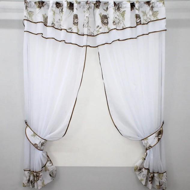 Комплект штор на кухню с ламбрекеном 280х170 см Коричневый/Белый (085к) Комплект штор на кухню с ламбрекеном 280х170 см Коричневый/Белый (085к)