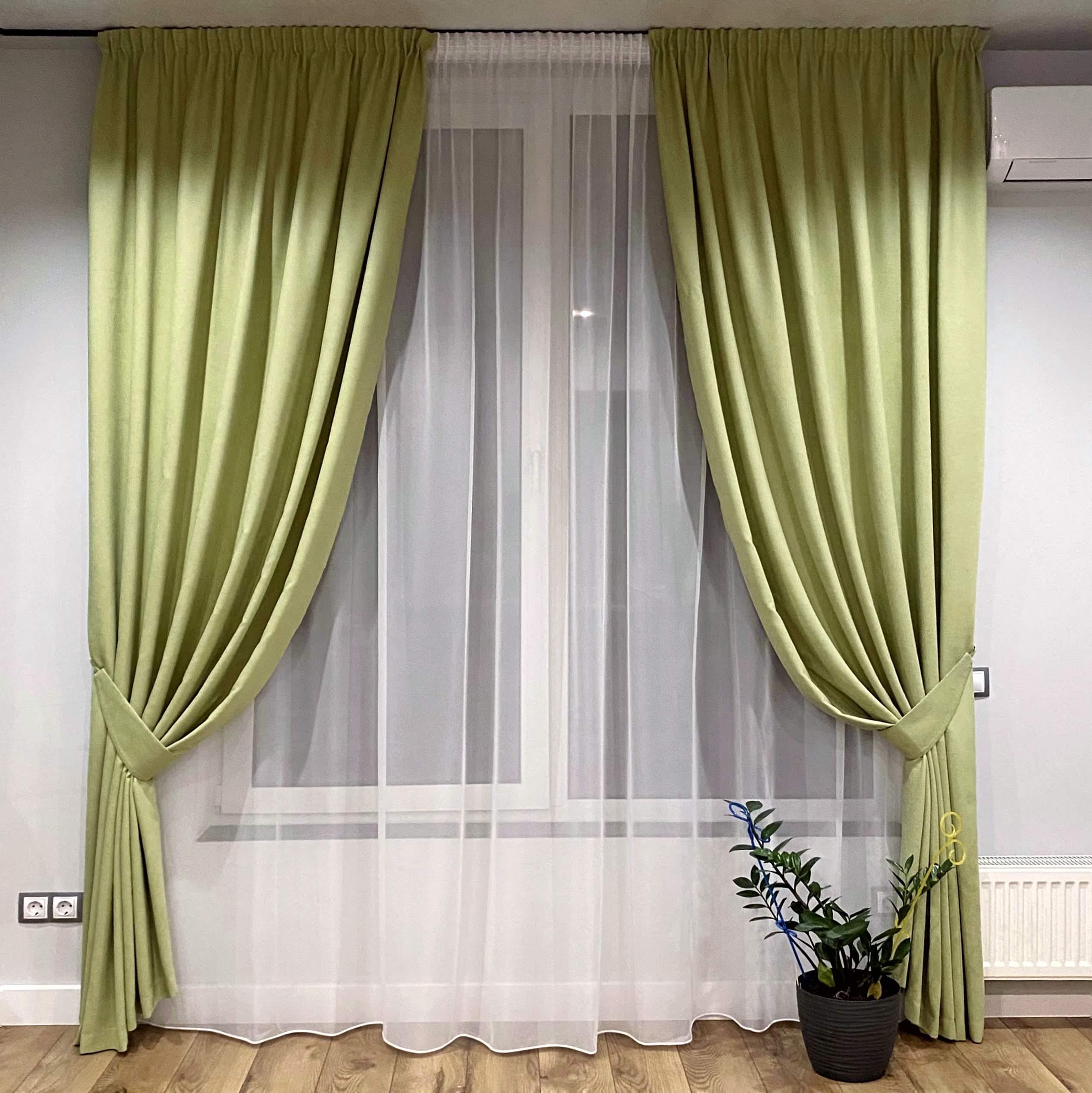 Шторы на тесьме с подхватами 300х250 см микровелюр 2 шт. и тюль вуаль 750х250 см Светло-зеленый/Белый (402207-МТ221/300-750)