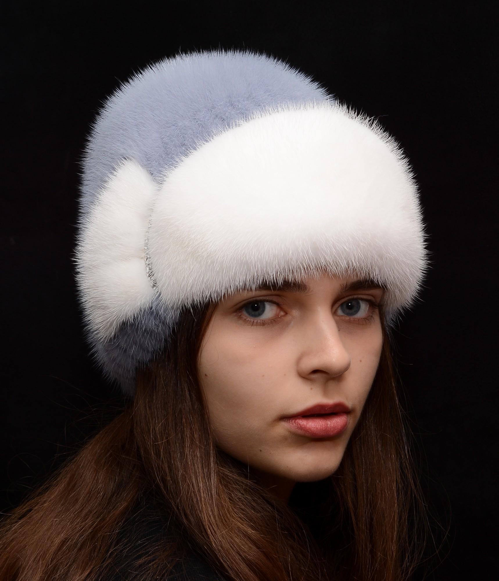 Зимова жіноча шапка Хутряний стиль Лобік із в'язаної натуральної норки XL-XXL Джинс/Білий (132/1/J)