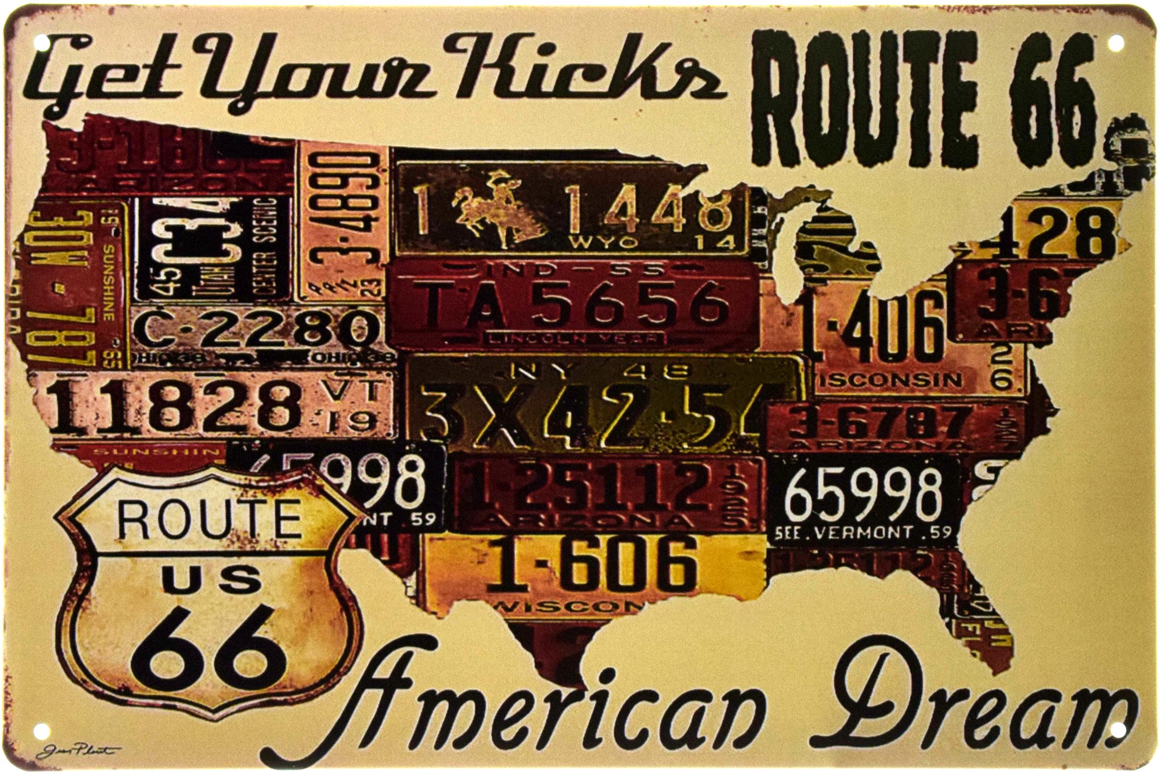 Табличка металева Отримай Справжню Насолоду Американська Мрія/Get Your Kicks Route 66 20x30 см