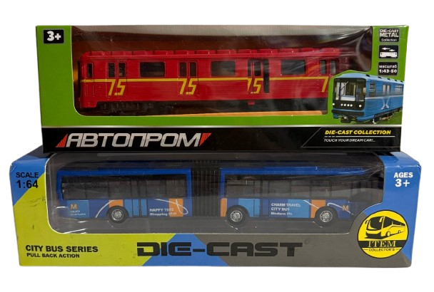 Вагон метро и автобус металлопластиковые инерционные (1769)