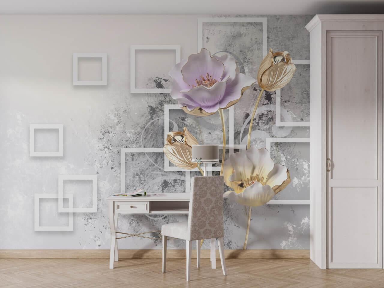 Фотообои флизелиновые Styleo Print-walls 3D Цветы с позолотой 026 300х200 см (Pw-026)