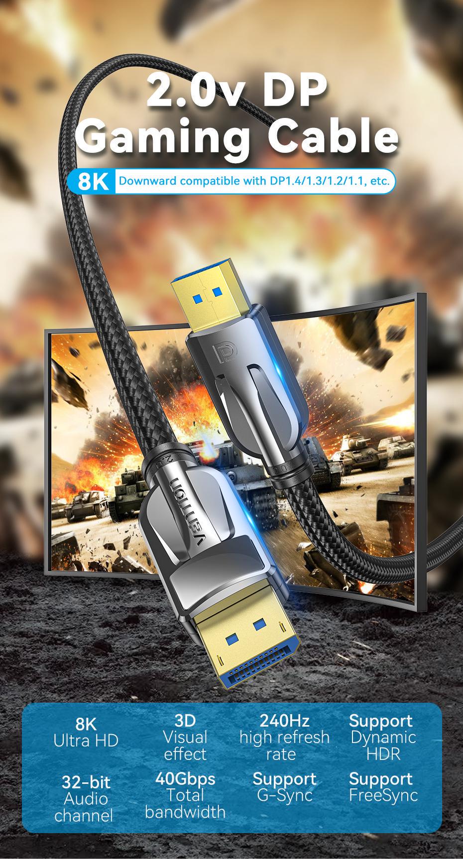 Кабель Vention DisplayPort 2.0 8K 60Hz 4K 144Hz 2K 165Hz 1080P 240Hz 40 Гбіт/с Gsync/Freesync 5 м Чорний (HGABJ) - фото 2