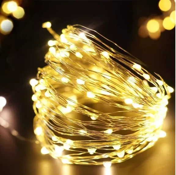 Гирлянда нить Роса новогодняя светодиодная от батареек 100 LED 10 м Теплый Белый