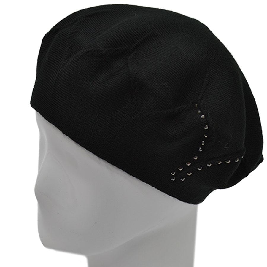 Берет Lirus Ирис двойной из шерсти тонкой вязки сбоку с камнями р. 56-58 Черный