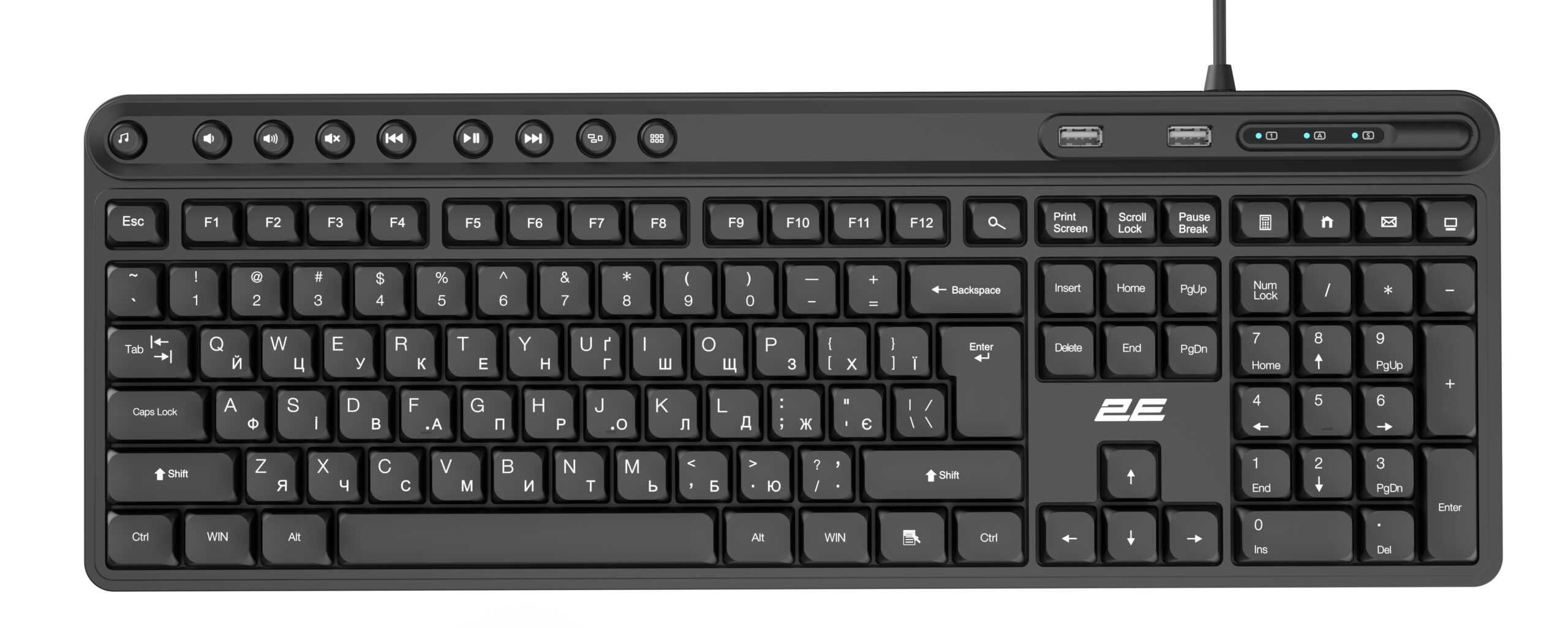 Клавиатура полноразмерная мембранная ведущая с USB-хабом на 2 2xUSB EN/UK 2E KS1100 104key и кнопками плеера Черный (2E-KS1100UB_UA)