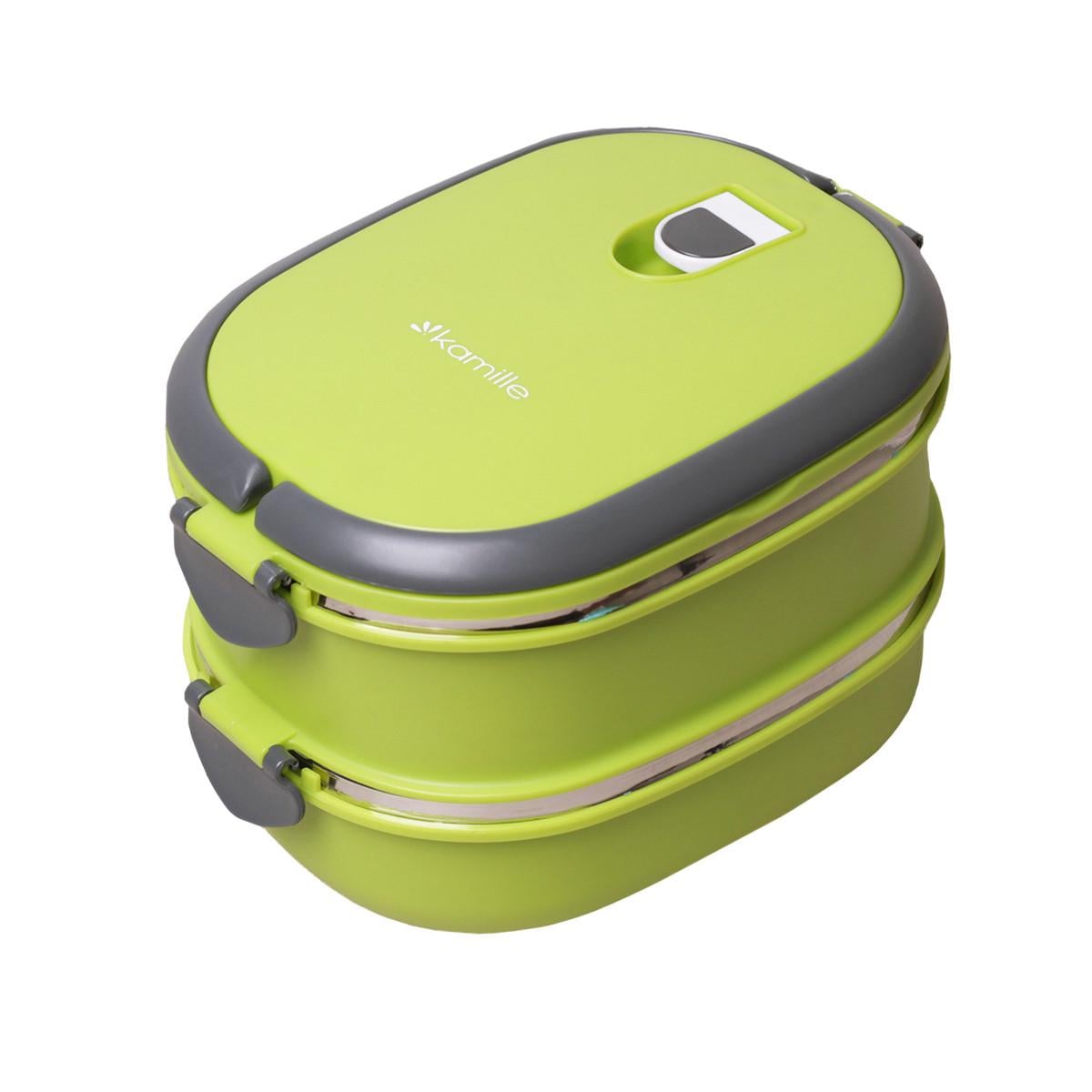 Ланч-бокс двойной Kamille KM-2109 из пластика и нержавеющей стали с ручками 1800 мл Салатовый (124-84-2109)