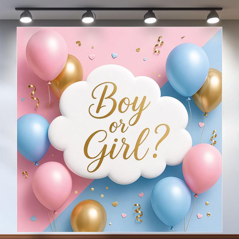Баннер для фотозоны Gender Reveal Party Boy or Girl на фоне облака с шариками 120x120см, №48502