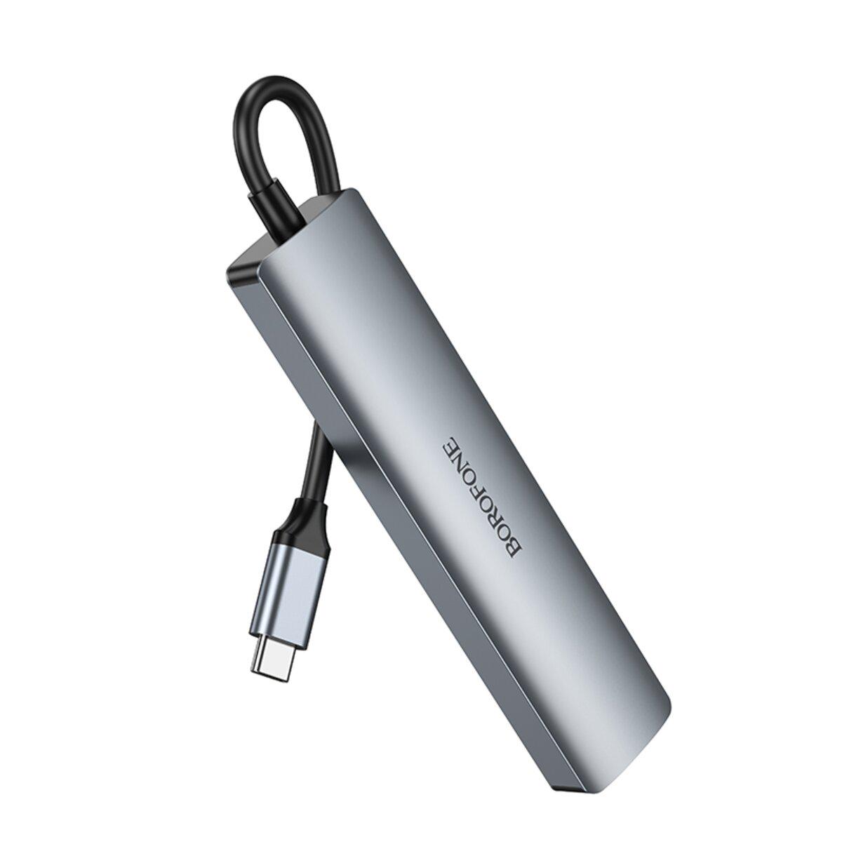USB-хаб Borofone DH16 Buddy 6в1 Type-C to HDMI/USB 3.0/2xUSB 2.0/RJ45/PD Metal Grey (24461246)